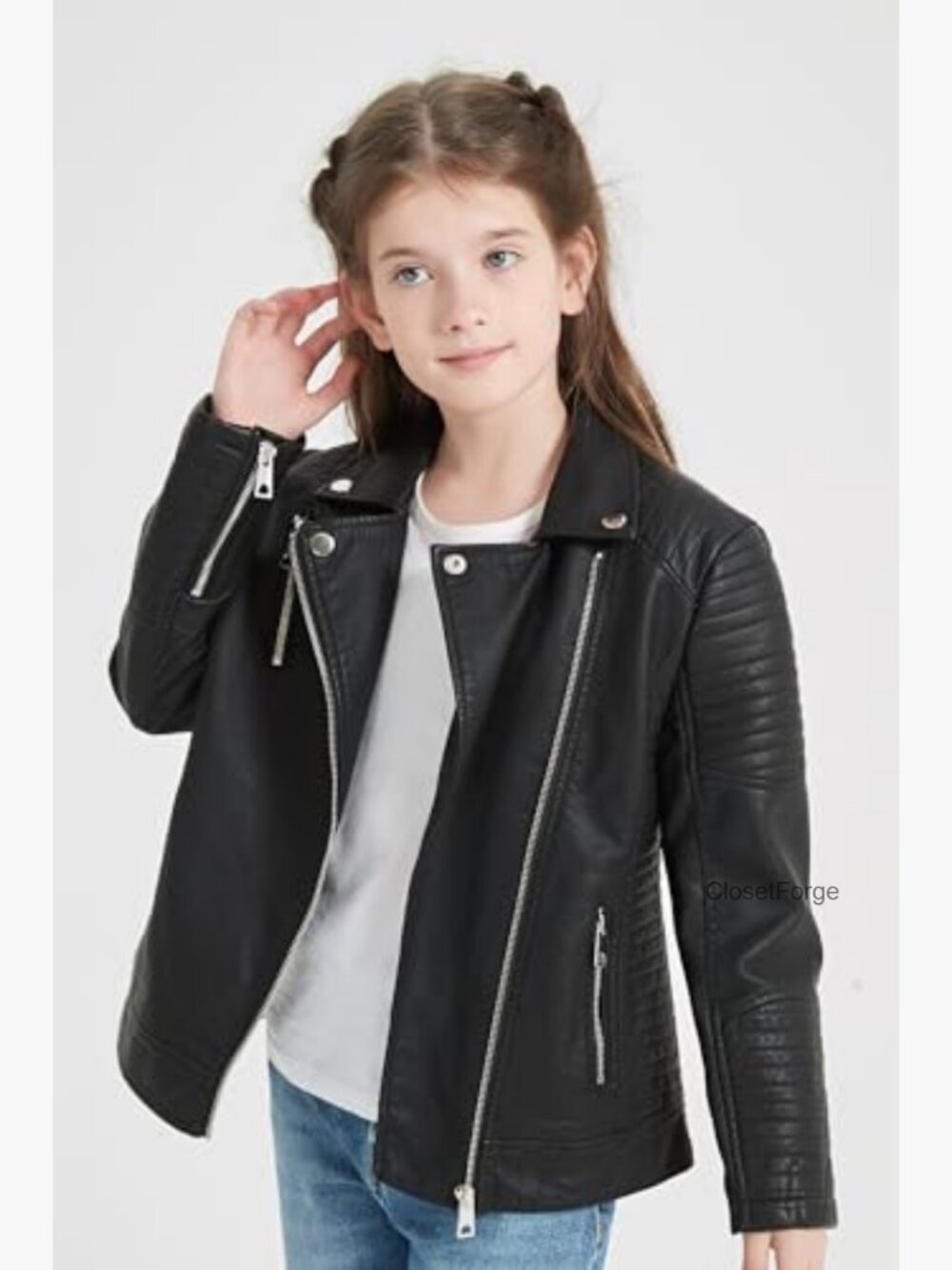 Faux Leather Motorcycle Biker Jacket Girls PU Zipper Slim Coat - Picture 2 of 6